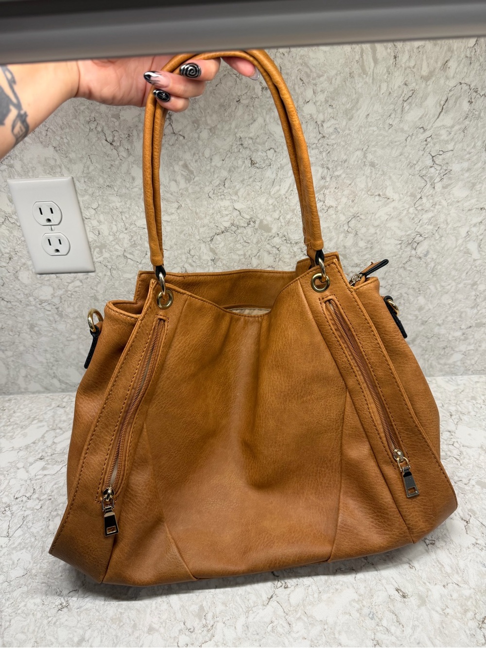 Leather Tote Handbag in Cognac - Women Bags